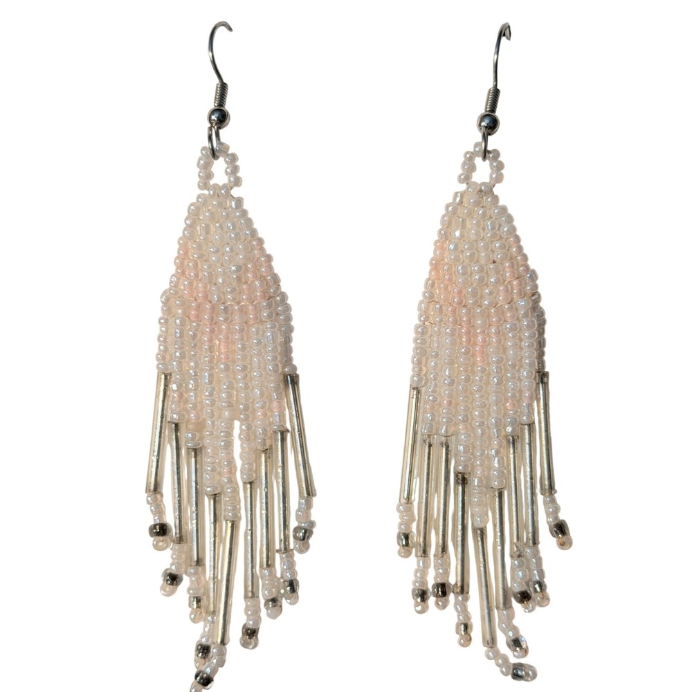 White Beaded Fringe Earrings Boho lt Pink Silver Ombre Dangle Waterfall J3064
